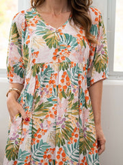 Floral Peasant Dress- Orange/Green