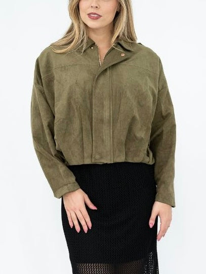 Faux Suede Zip Jacket- Olive