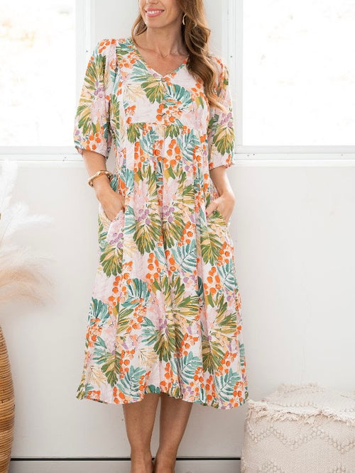 Floral Peasant Dress- Orange/Green