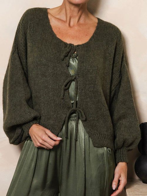 Italian Knit Tie Cardi- Olive