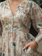 Flower Bouquet Print Button Dress- Beige