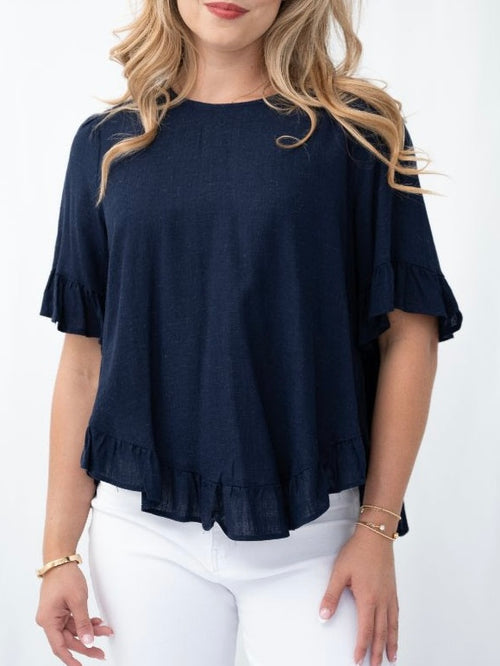 Cara Linen Top- Navy