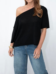Crepe Knit Off Shoulder Top- Black