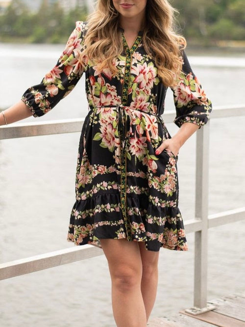 Flower Scarf Border Dress- Black