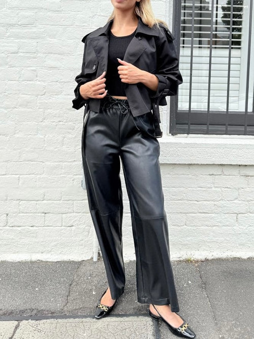 Faux Leather Drawstring Pants- Black