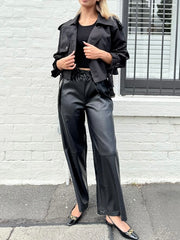 Faux Leather Drawstring Pants- Black