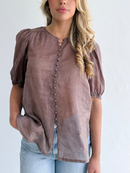 Ramie Button Detail Top- Chocolate
