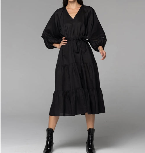 Faraway Tiered Midi Dress- Black