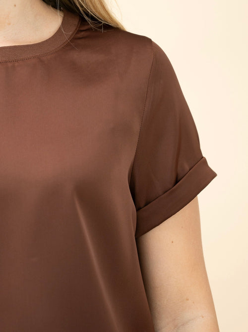 Satin Short Slv Top- Chocolate