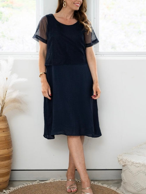 Mesh Top Layer Dress- Navy
