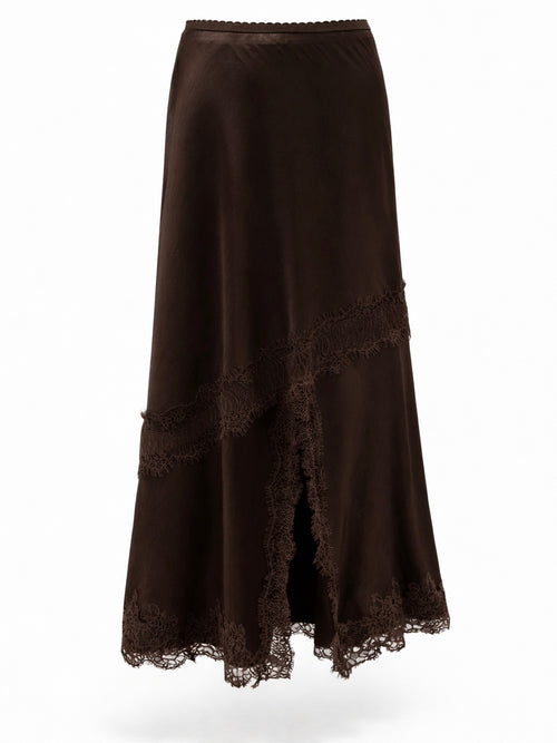 Satin Lace Split Skirt - Chocolate
