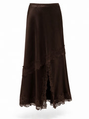 Satin Lace Split Skirt - Chocolate