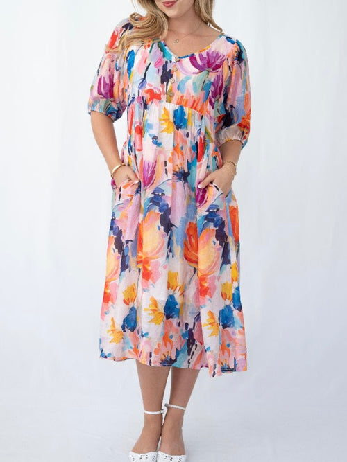 Rayna Peasant Dress- Blue/Orange