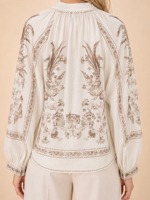 Bird Lace Trim Blouse- Cream