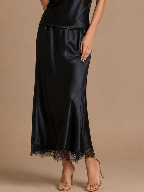 Satin Lace Trim Midi Skirt- Black
