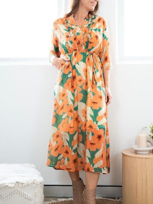 Tangerine Frill Floral Dress