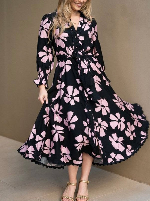 Cosmos Godet Lace Trim Dress - Blk/Pink