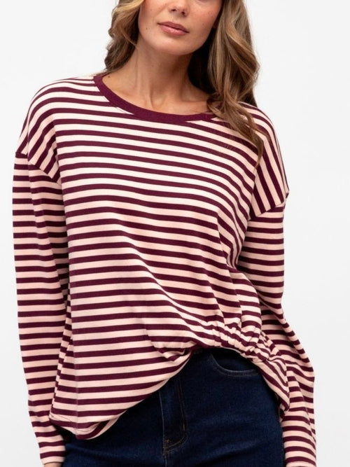 Stripe L/S Tuck Top- Burgandy/Pink