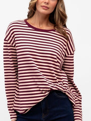 Stripe L/S Tuck Top- Burgandy/Pink