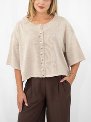Open Knit Button Top- Beige