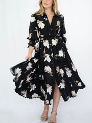 Magnolia Lace Godet Dress- Black
