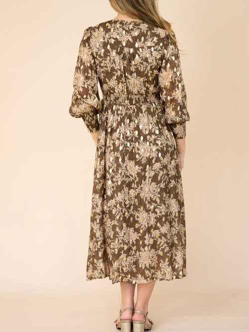 Khaki Floral Gold Fleck Midi Dress