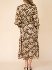 Khaki Floral Gold Fleck Midi Dress