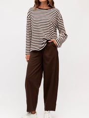 Stripe L/S Tuck Top- Choc/White
