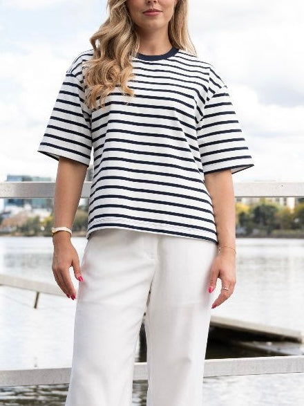 Cotton Stripe Oversized Tee- Navy/White