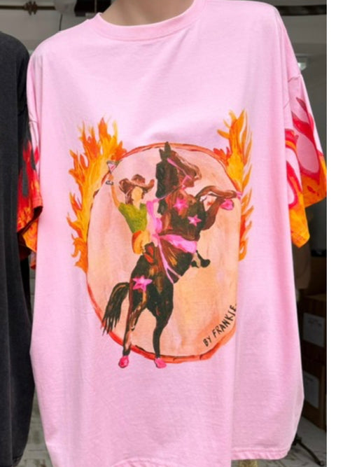 By Frankie Tee- Pink Flame Cow Girl