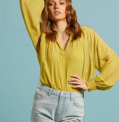 Another Love Shirred Neck Top-Chartreuse