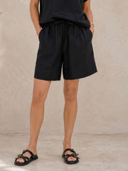 Drawstring Linen Blend Shorts- Black
