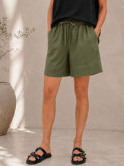 Drawstring Linen Blend Shorts- Olive