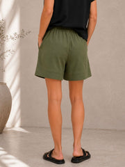 Drawstring Linen Blend Shorts- Olive