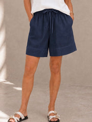 Drawstring Linen Blend Shorts- Navy